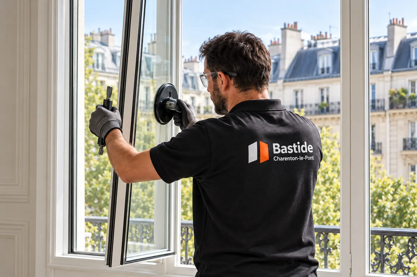 Vitrier Bastide en polo noir posant à la ventouse un double vitrage neuf dans une fenêtre d'appartement à Charenton-le-Pont (94220)